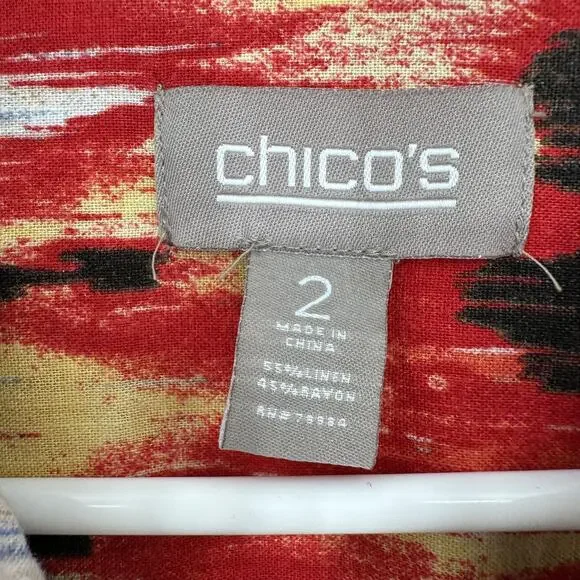 Chicos Jacket LARGE Multicolor Ikat Print Button Front Linen Blend Boho 22x24 - Picture 3 of 9
